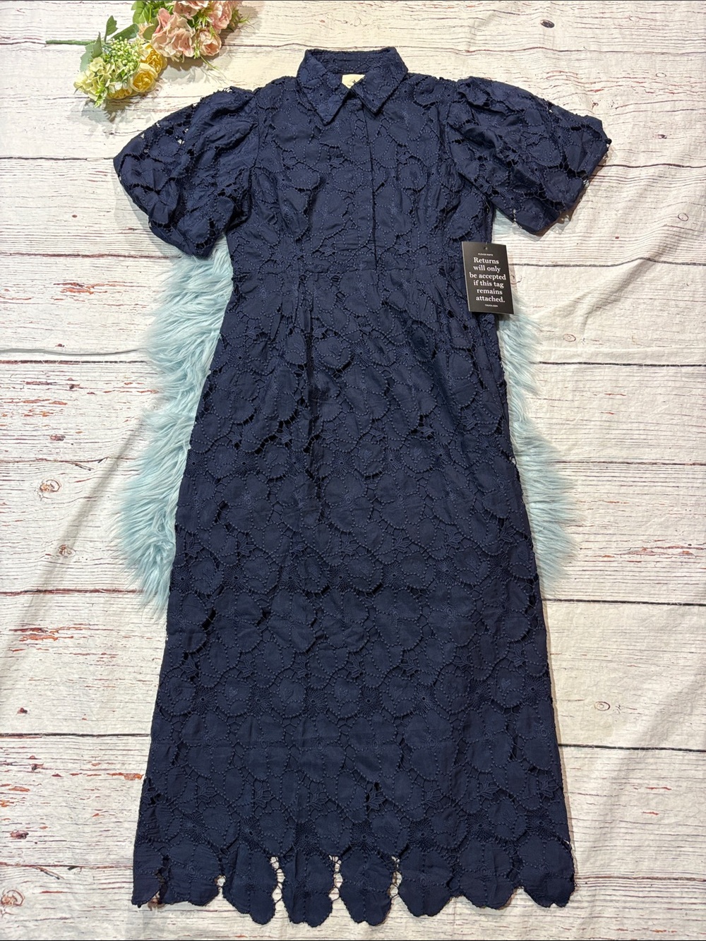 NWT Tuckernuck Navy Eyelet Crochet Floral Delaney Midi Dress - Picture 4 of 10